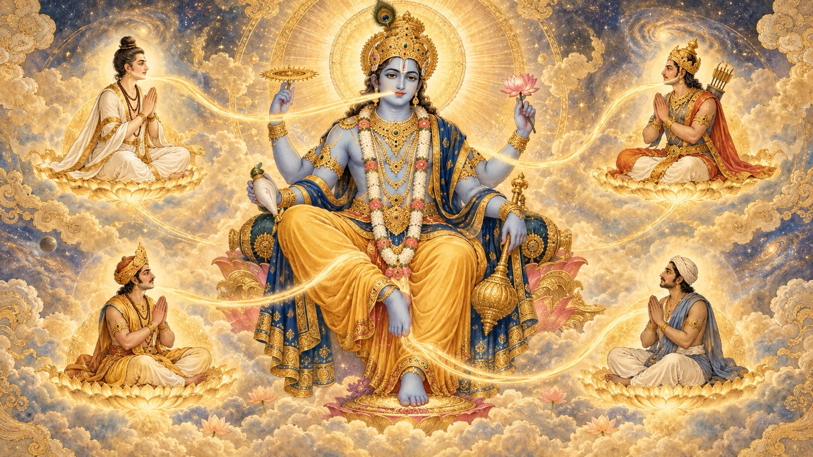 The Lord's cosmic form, with the four Varnas emerging in reverence from His mouth, arms, thighs and feet
