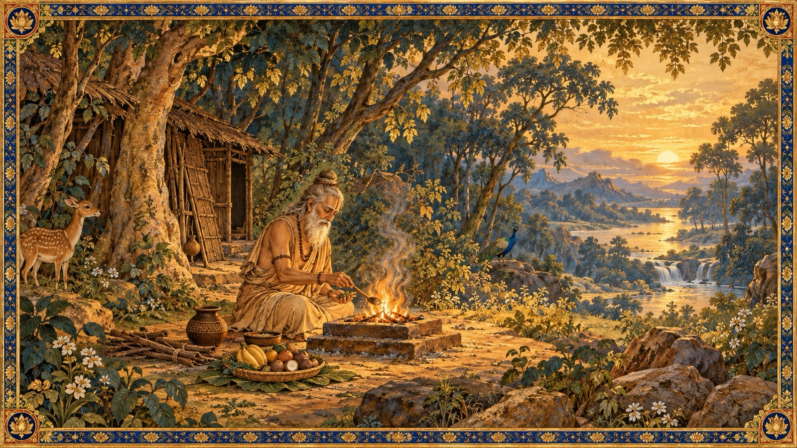 A forest-dwelling vanaprastha with matted hair and bark garments tending a sacred fire in a hermitage grove