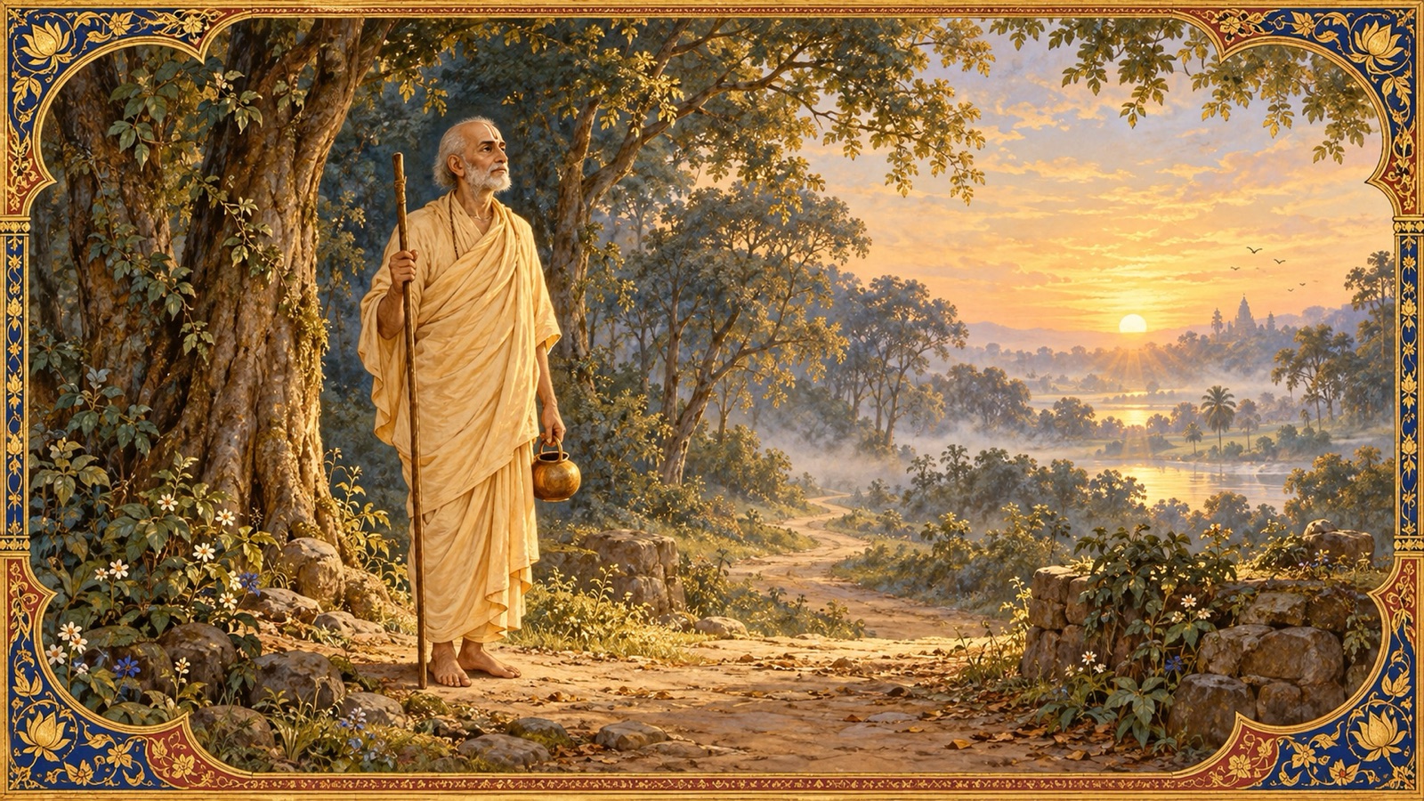 A sannyasi's hands holding a plain wooden staff and a simple water-pot at the edge of a forest path