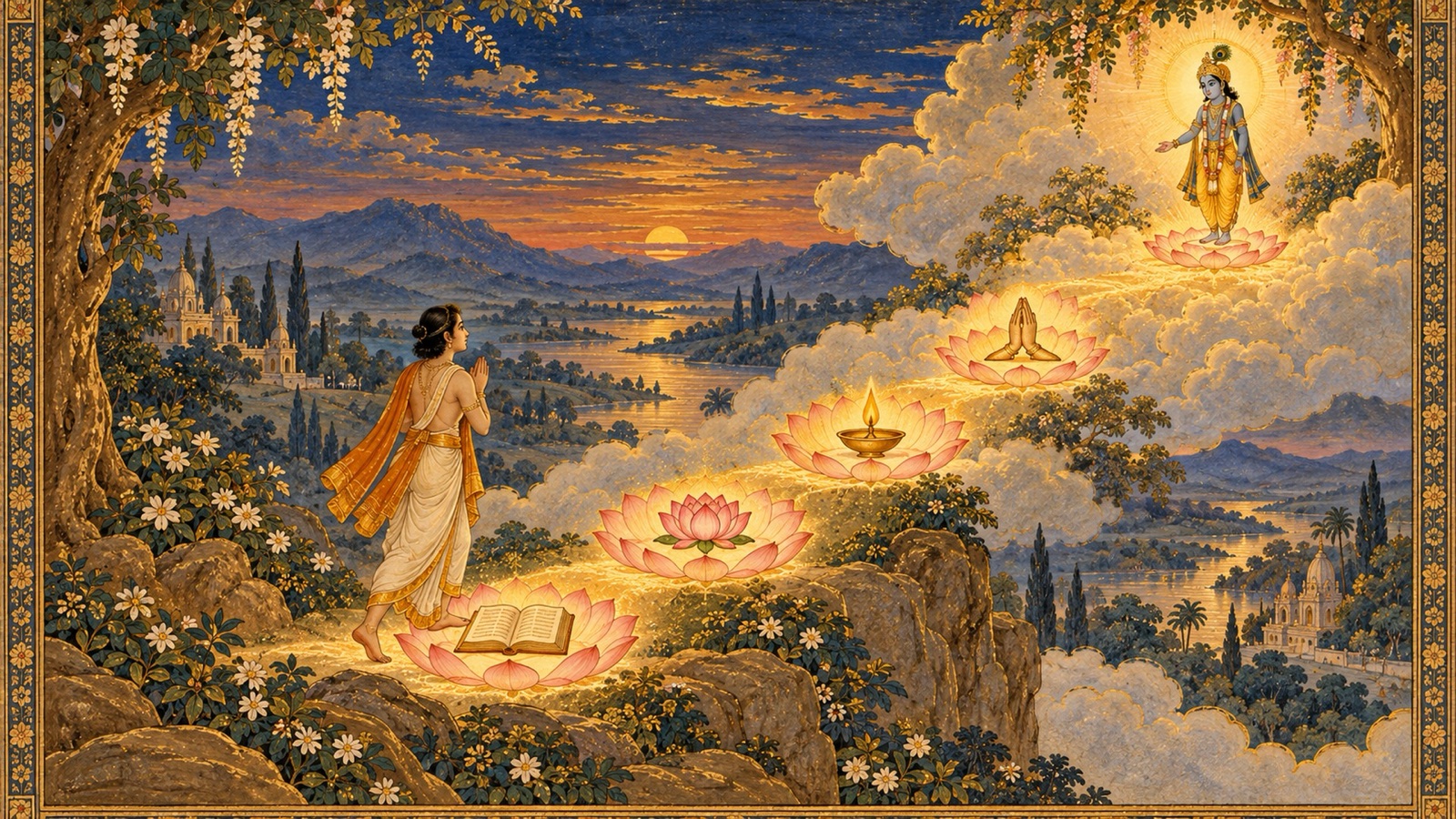 A devotee ascending a path of radiant stepping-stones representing the acts of devotion toward Lord Krishna