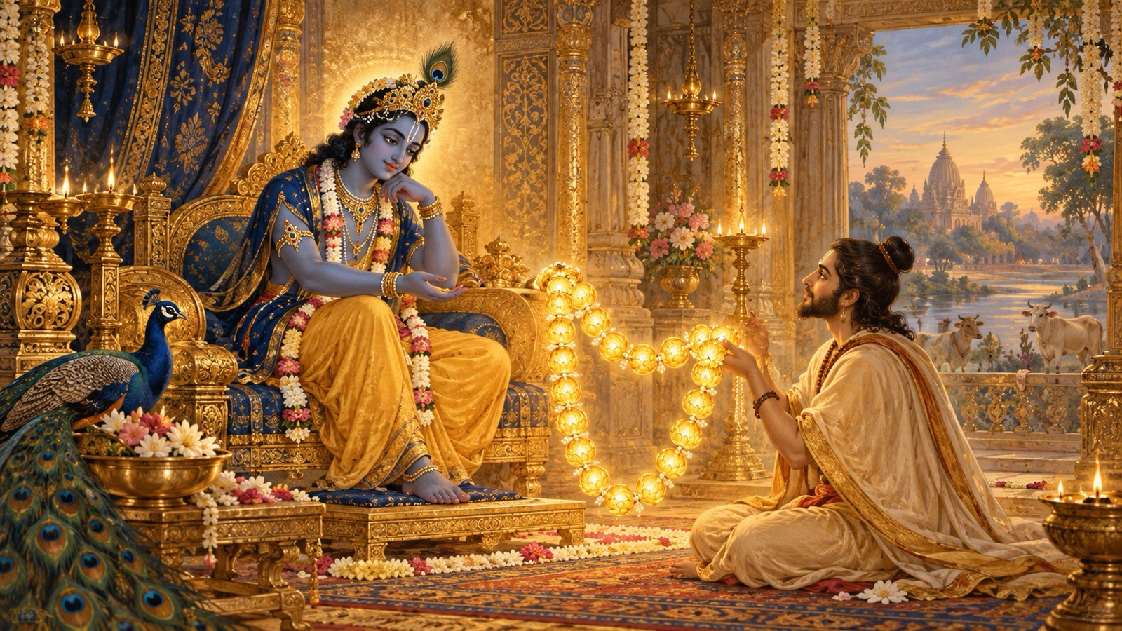 A luminous garland of twenty-four jewelled qualities representing the twelve Yamas and twelve Niyamas presented before Lord Krishna