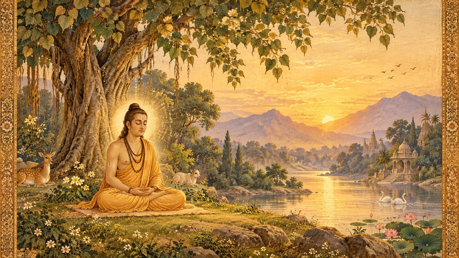 A serene sage seated in meditation, eyes closed, free from noticing the faults or merits of others