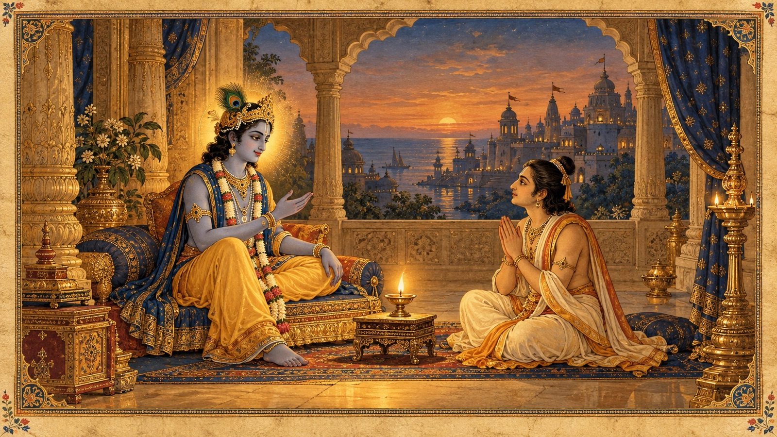 Lord Sri Krishna teaching Uddhava beside a radiant lamp of knowledge in Dwaraka