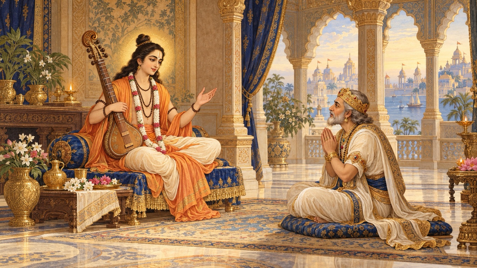 The sage Narada welcomed and worshipped in the home of Vasudeva at Dwaraka