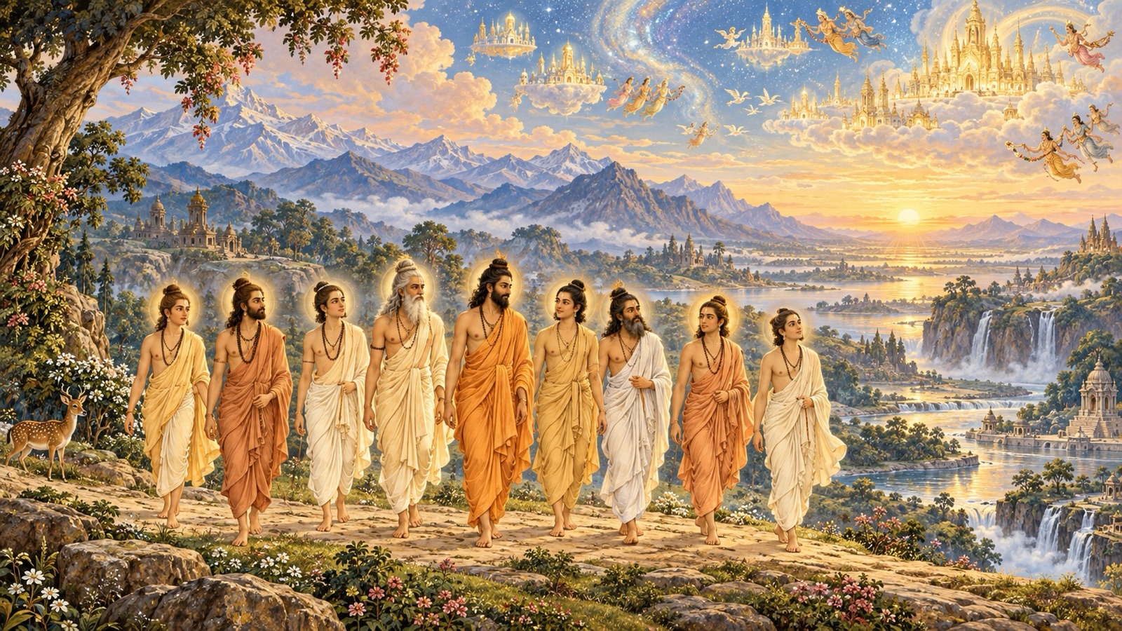 The nine perfected sons of Rishabha wandering freely through the worlds, unattached to any place