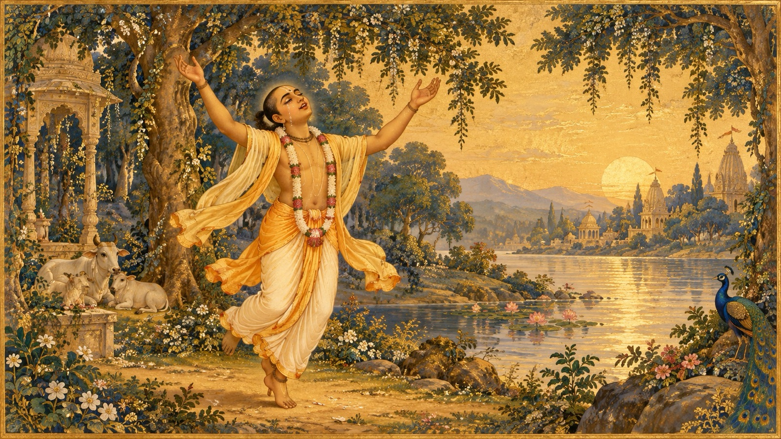 An awakened devotee singing and dancing in sacred ecstasy while chanting the names of the Lord