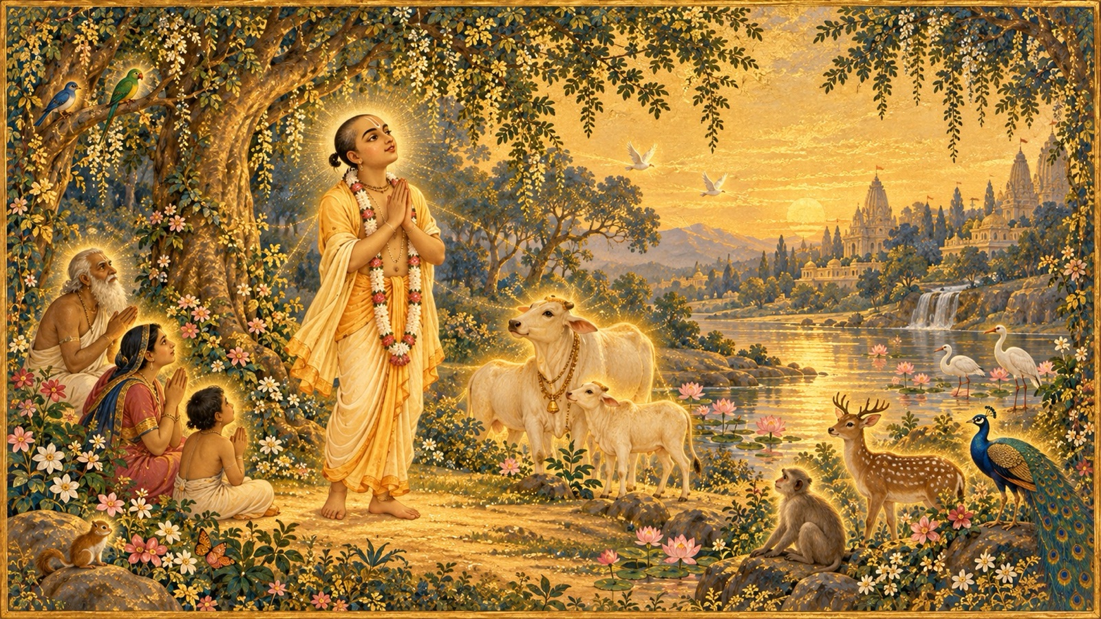A serene devotee beholding the Lord present within all living beings and all beings resting in the Lord