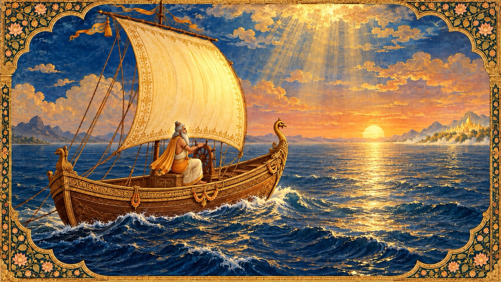 A boat representing the rare human body crossing the ocean of birth and death, guided by the guru as helmsman and the favourable wind of the Lord