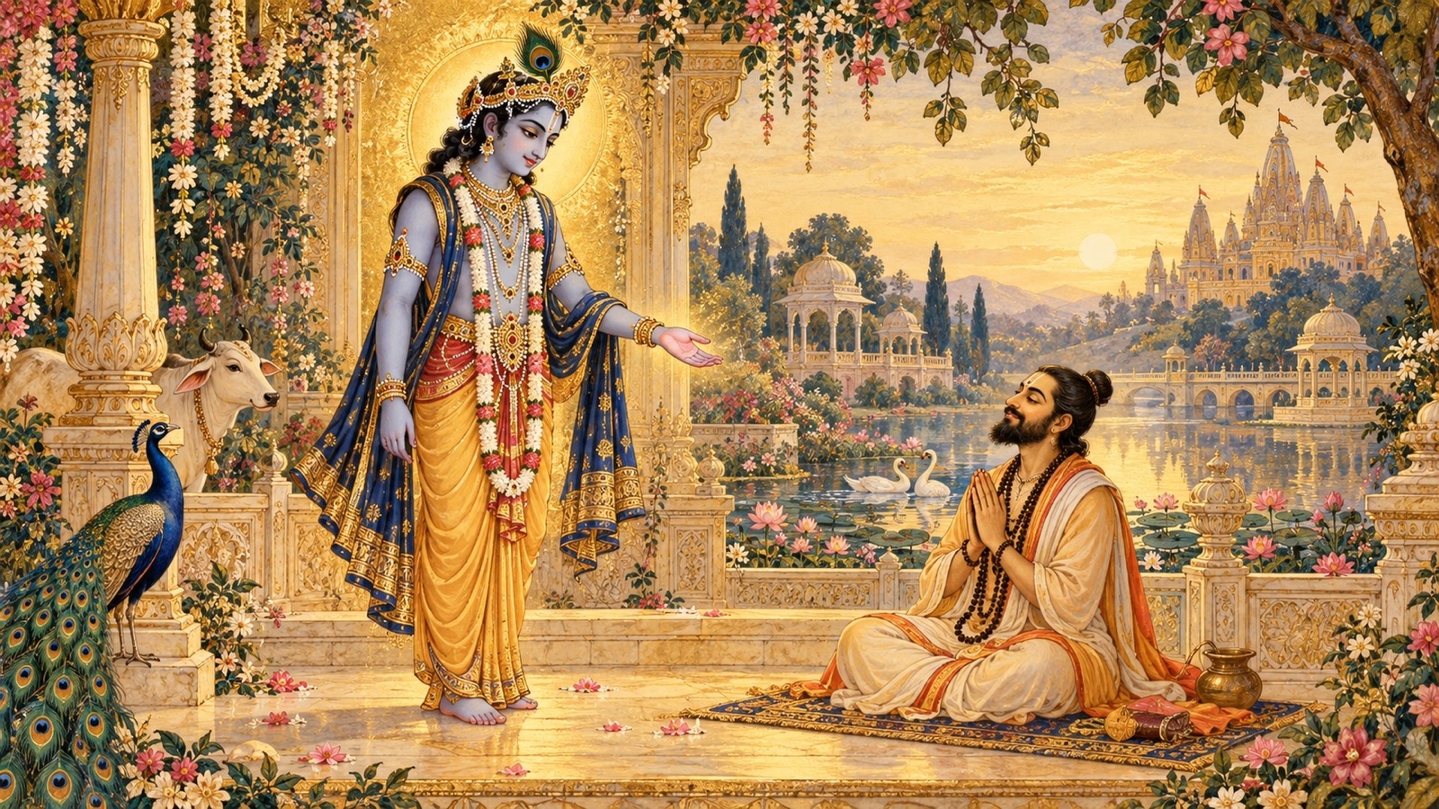 Lord Krishna blessing a devotee who desires nothing, not even liberation, symbolizing that His devotee lacks nothing