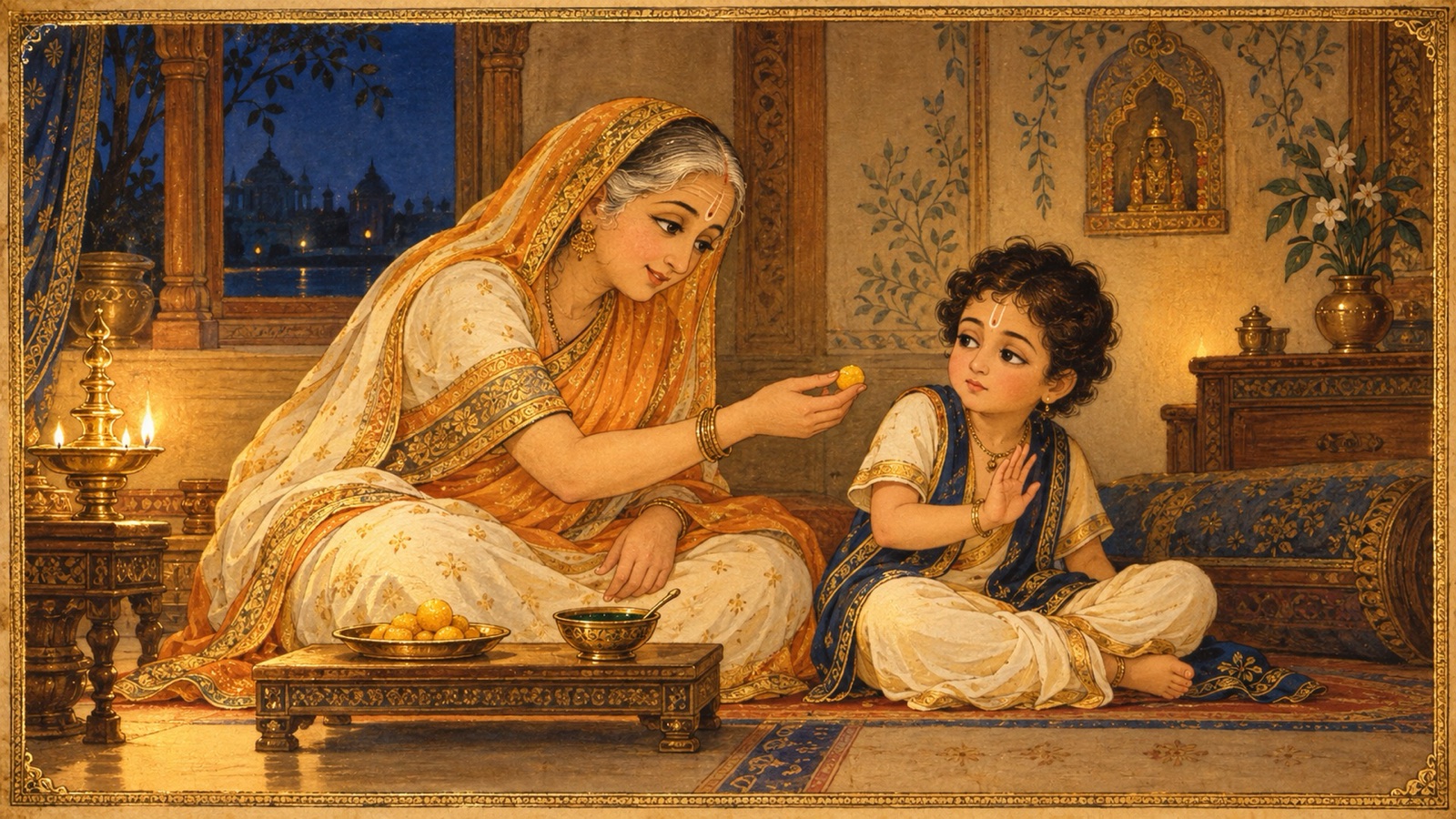An elder gently offering a sweet to a child before a necessary medicine, symbolizing the Vedas' promise of heaven as a kindness leading toward a deeper good
