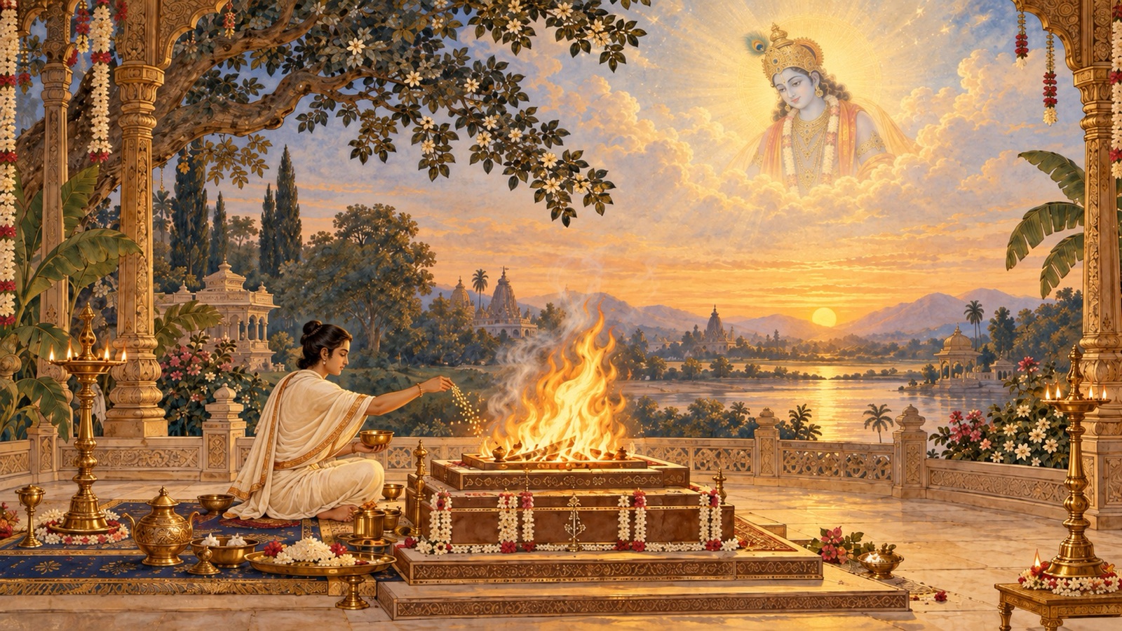 A pure sacred fire offering of grain and ghee at a Vedic altar, with the Lord's radiant form watching beyond the flames, evoking true sacrifice without violence