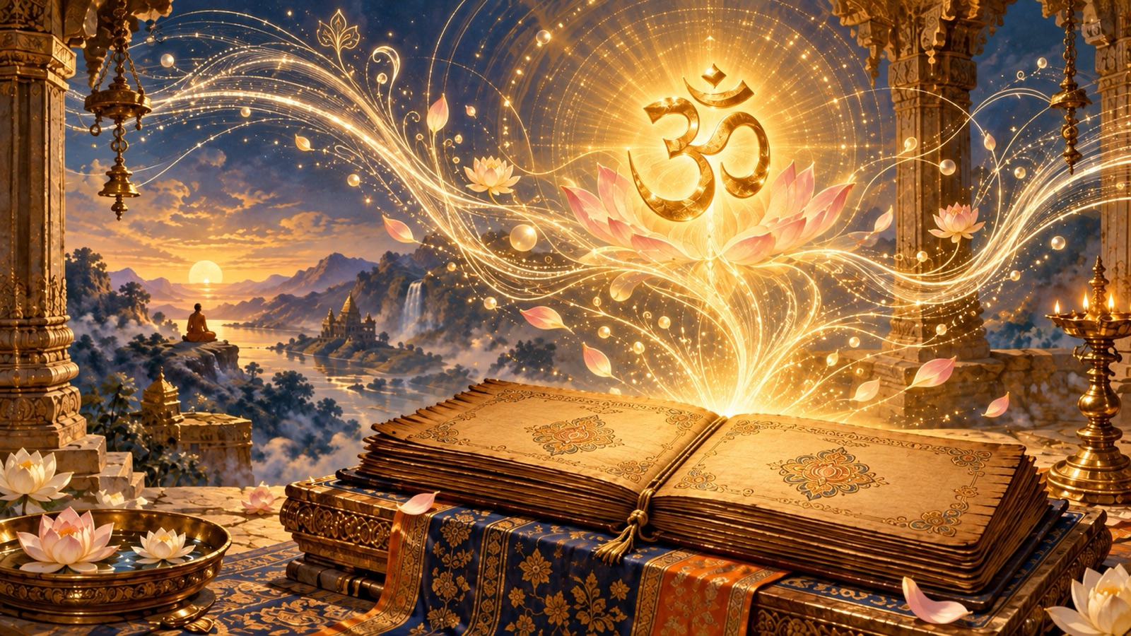 The sacred syllable Om radiant with light above an open palm-leaf manuscript, with subtle letters streaming forth like sound rising from a lotus stalk