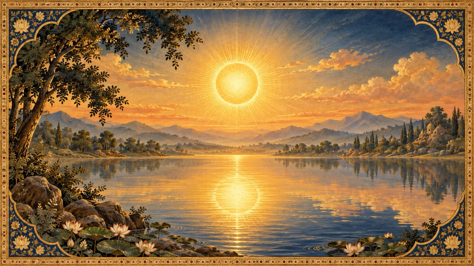 Purusha shown as a radiant sun and Prakriti as its shimmering reflection upon still water, symbolizing Spirit and Matter