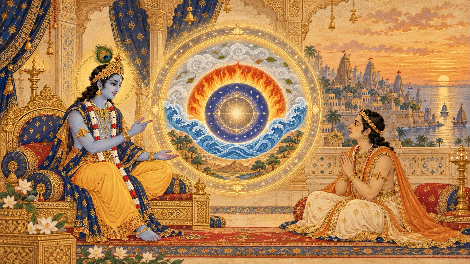 Lord Krishna teaching Uddhava beside a luminous mandala of the five elements and the tattvas of creation