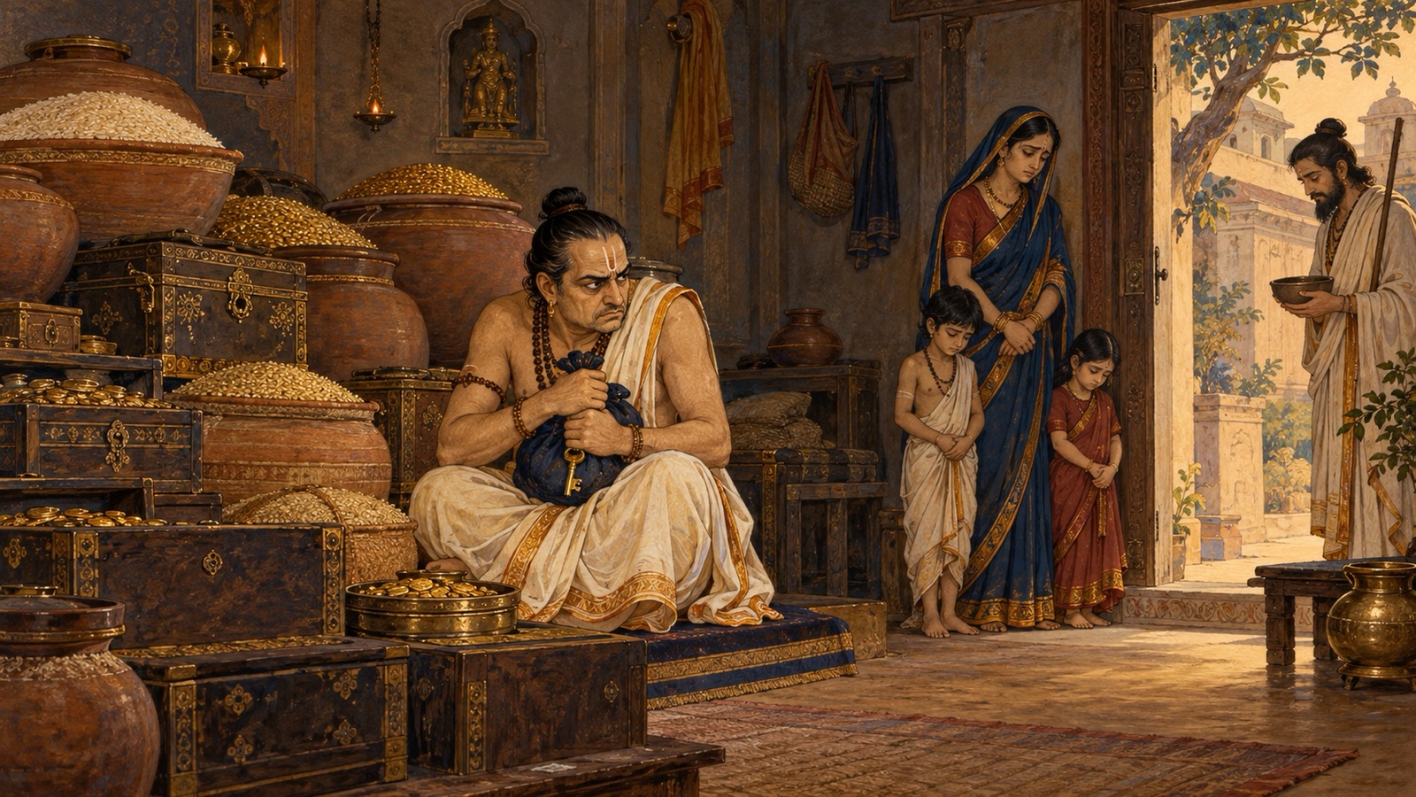 A miserly brahmana of Avanti guarding his hoarded wealth while his family and guests are turned away