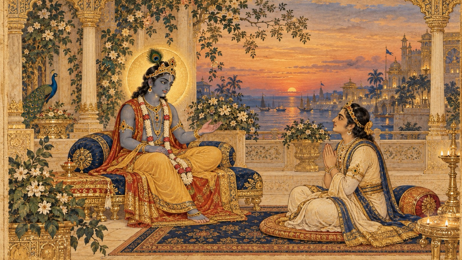 Lord Krishna speaking gently to His devotee Uddhava in Dwaraka, concluding the teaching of the mendicant's song