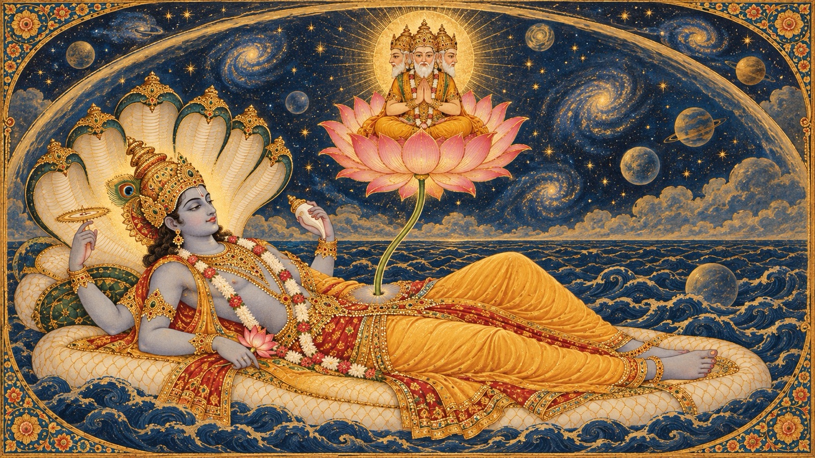 Garbhodasayi Narayana resting on the causal waters within the cosmic egg, with the lotus and four-faced Brahma rising from His navel