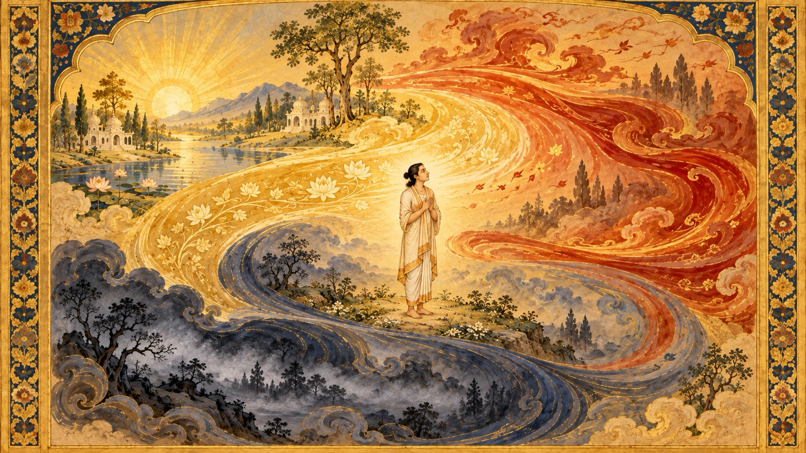 A soul encircled by clear dawn light, restless golden-red motion and dim fog, symbolizing sattva, rajas and tamas