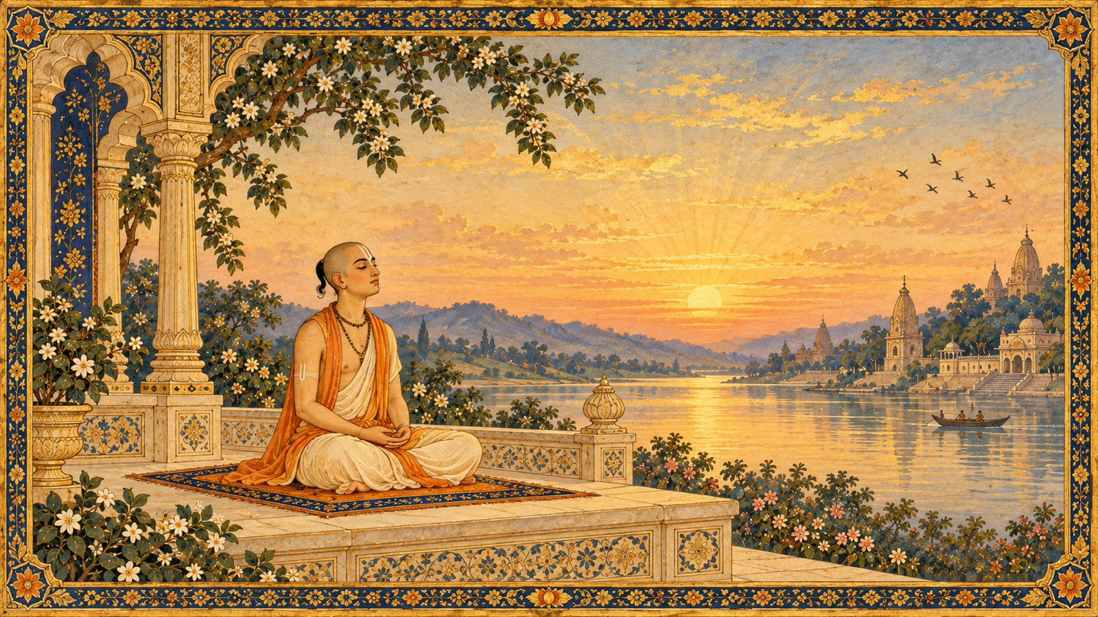 A devotee seated in clear, peaceful dawn light, untouched by fear or attachment, representing the sign of sattva