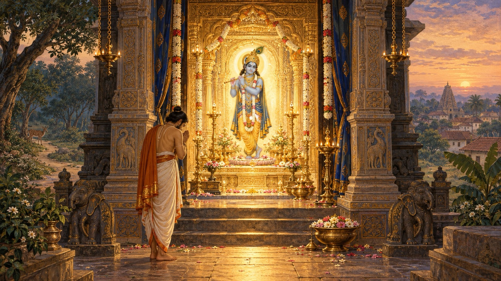 A devotee worshipping before a temple image of the Lord, radiant with light beyond the surrounding three modes