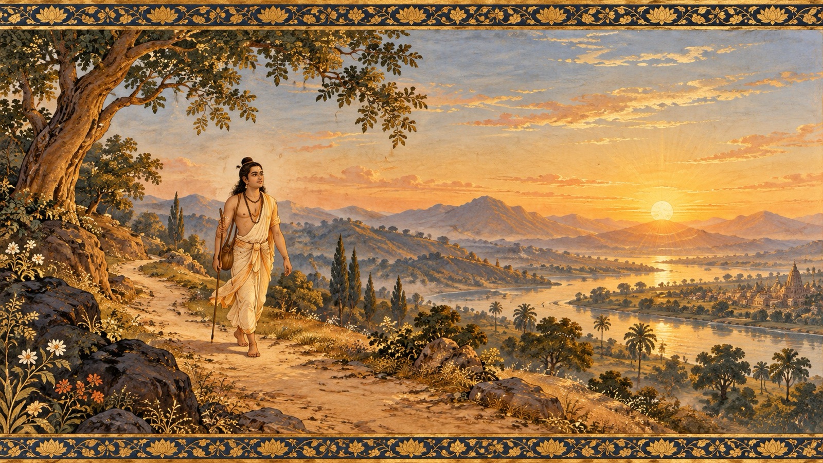King Pururava, now serene and detached, wandering the earth content in the Self at sunrise