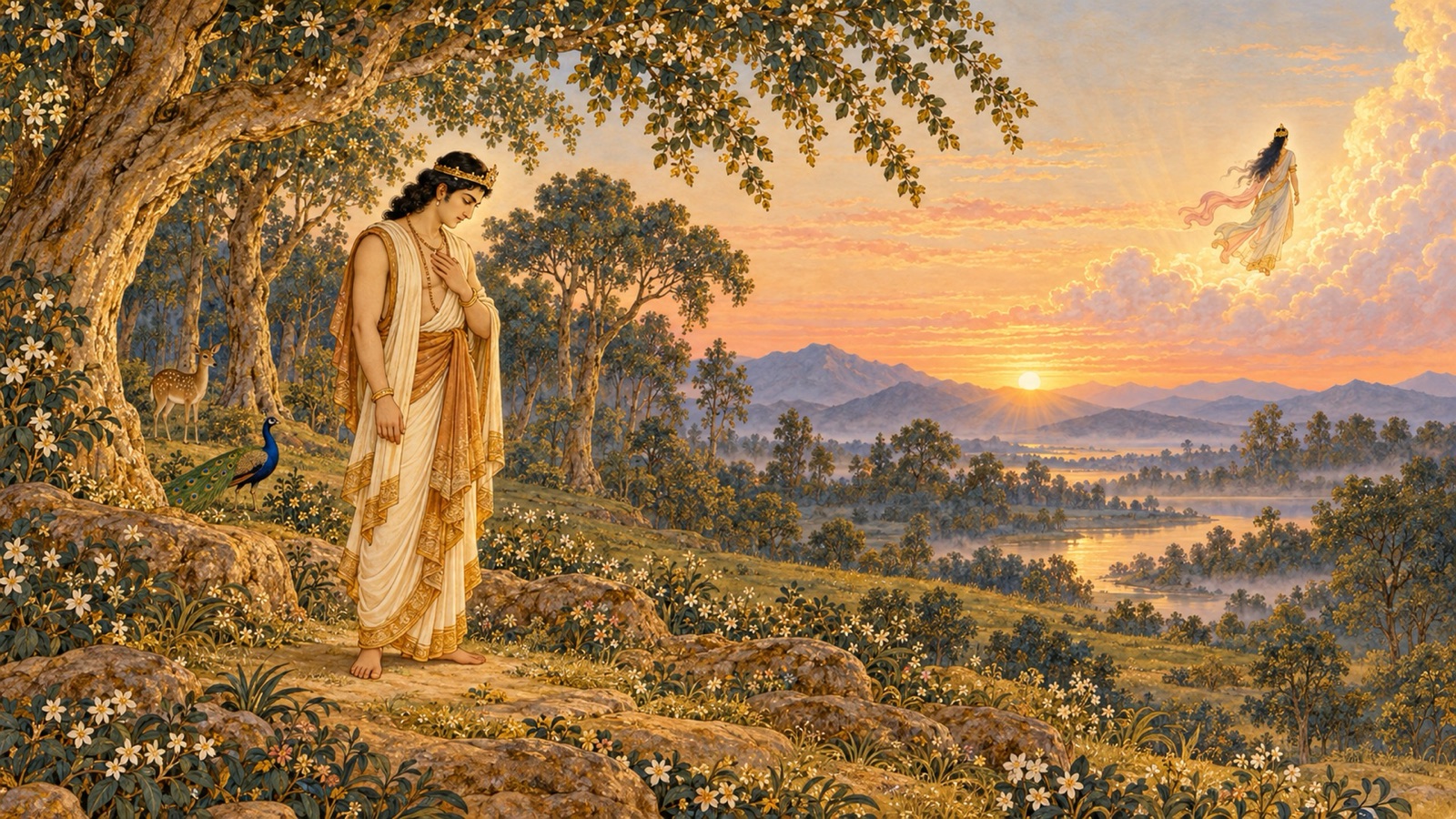 King Pururava standing alone in the forest at dawn, awakening from his infatuation with the departing celestial Urvashi