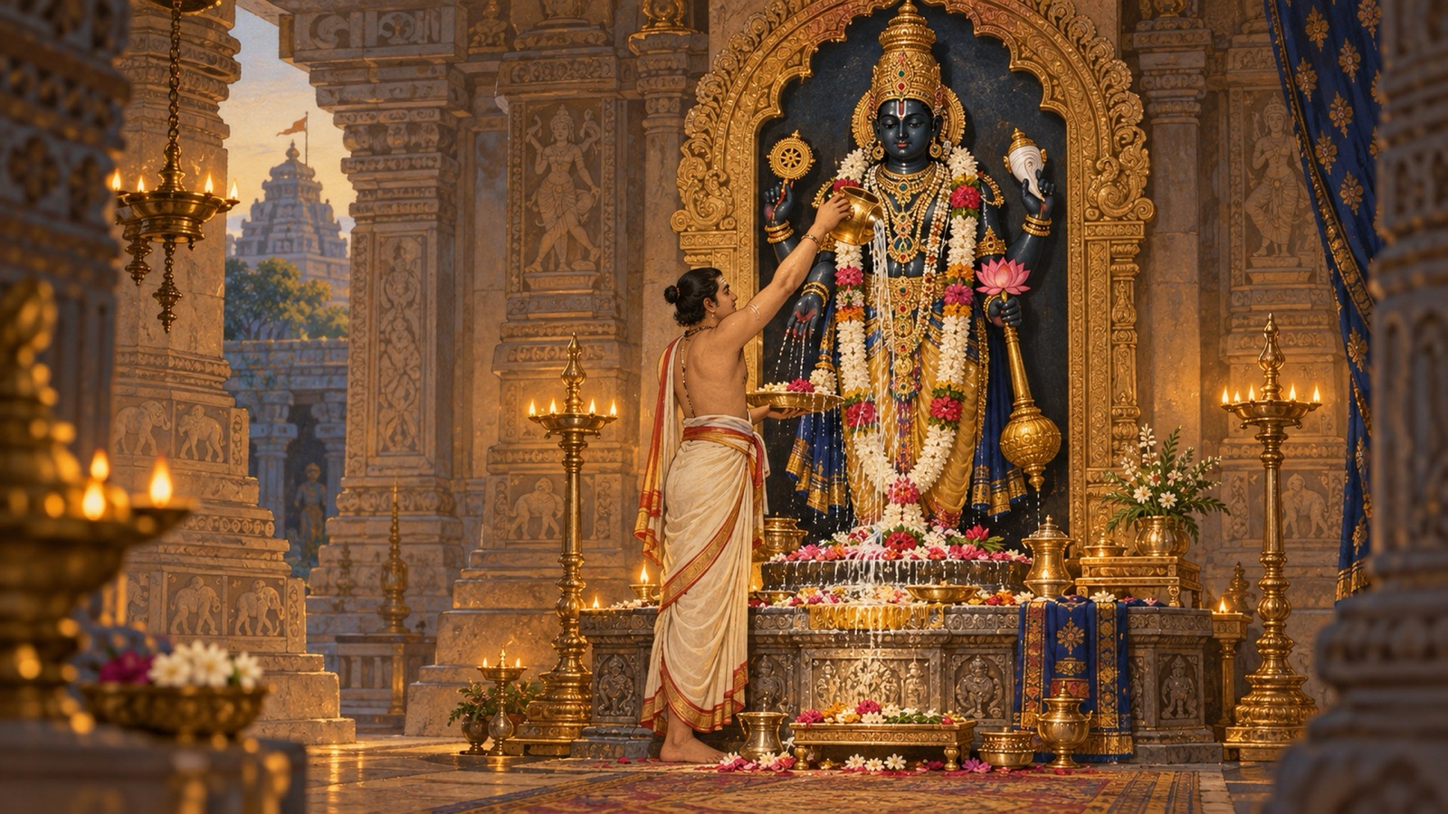 A devotee reverently bathing and adorning a sacred four-armed image of the Lord in a temple sanctum
