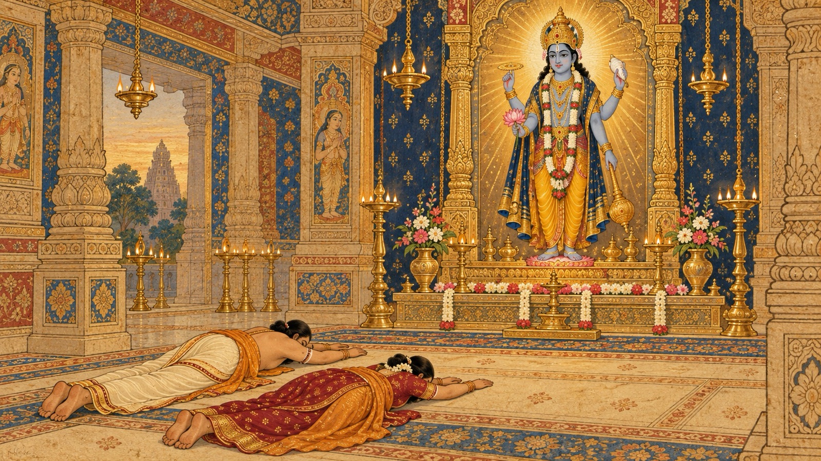 Devotees falling prostrate in complete surrender before the Lord's sacred image