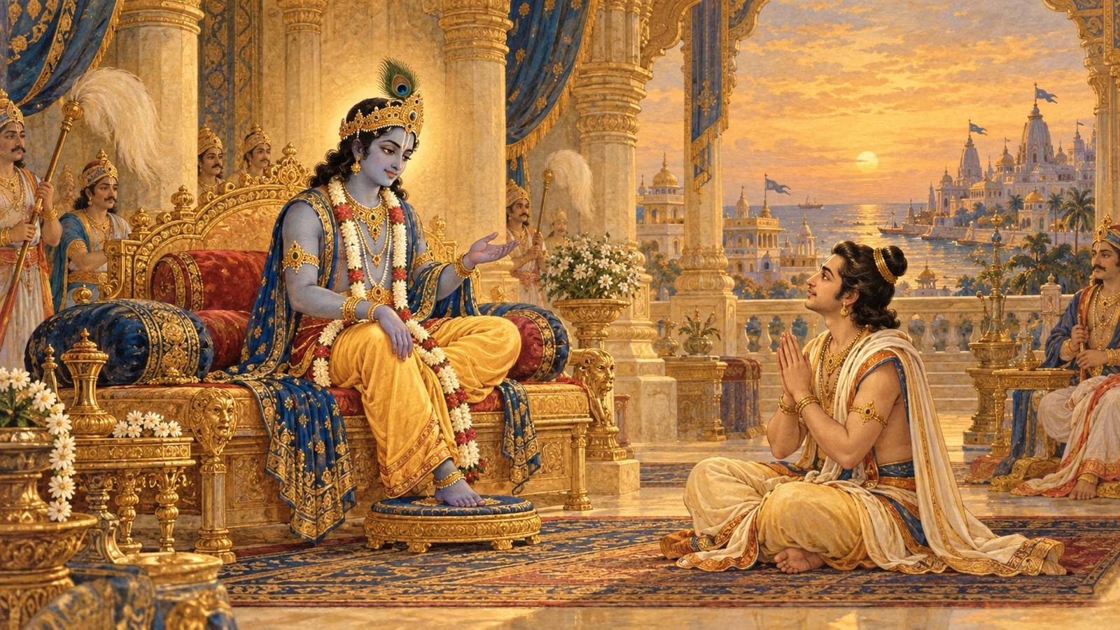Lord Sri Krishna lovingly instructing Uddhava on the sacred process of worshipping the Lord's holy image