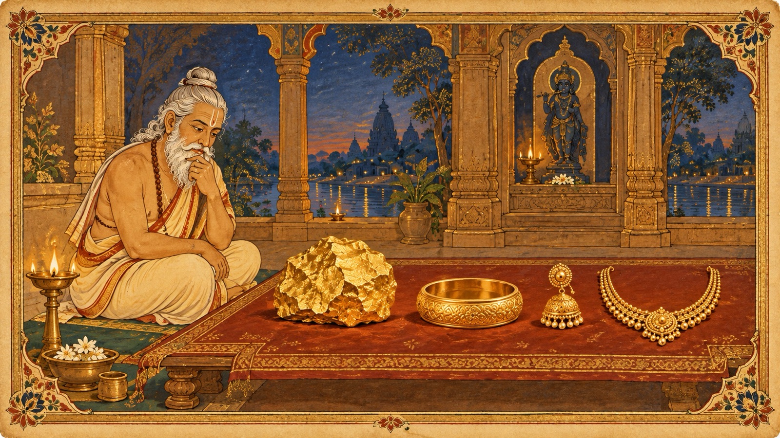 Gold ornaments of many shapes being fashioned from and melted back into the same unwrought gold, symbolizing the one Self behind every form