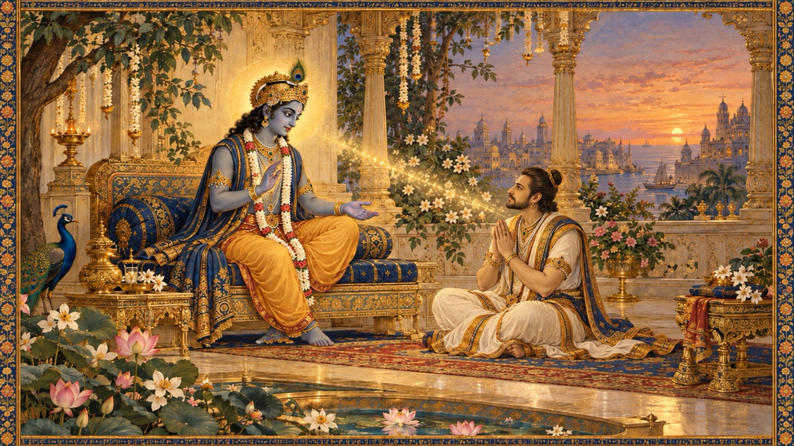 Lord Krishna teaching Uddhava with great tenderness, showing him devotion as the cure for the mind's restless passion