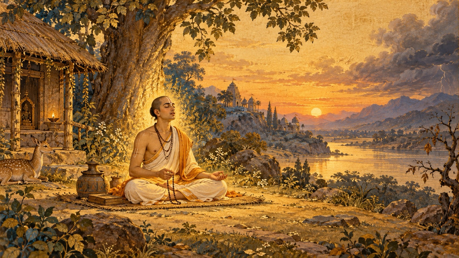 A yogi seated in serene meditation, undisturbed by illness or obstacles, softly chanting the holy names of the Lord