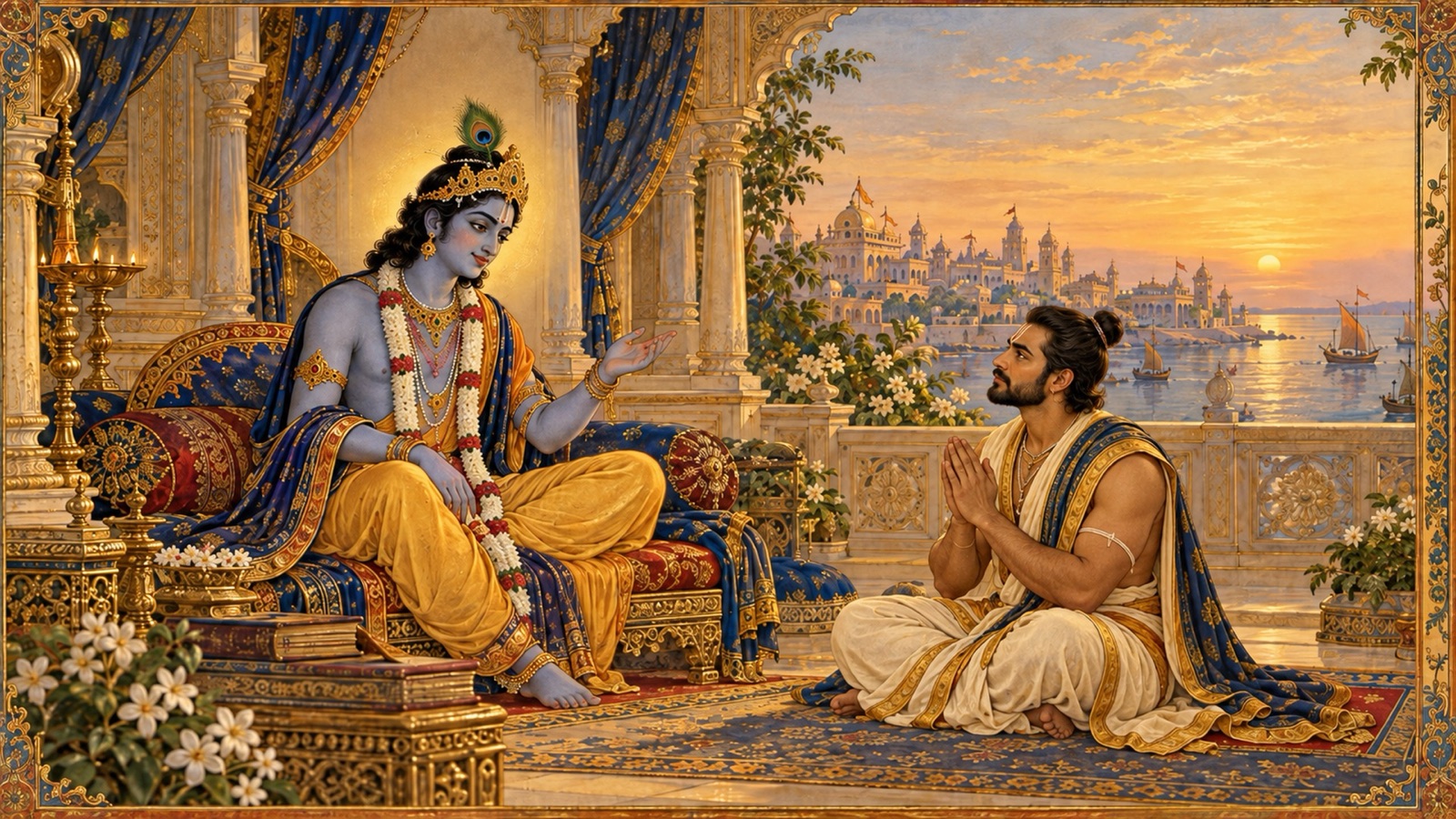 Lord Sri Krishna speaking gently to Uddhava, beginning His final teaching on the easy path of devotion