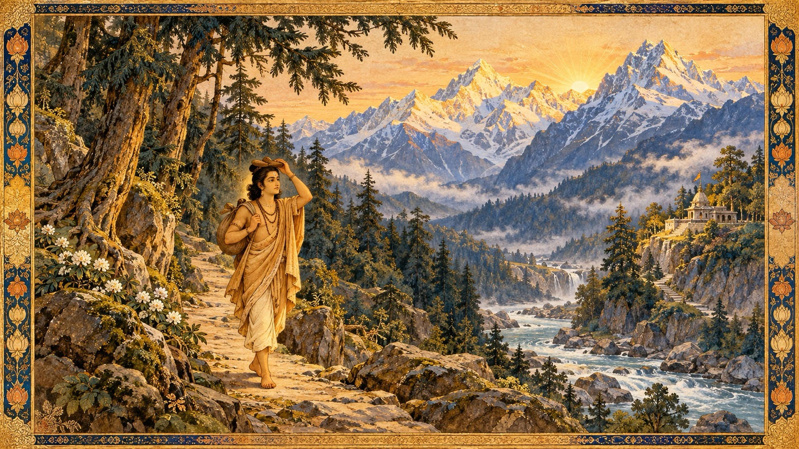 Uddhava journeying alone through the Himalayan forest toward the sacred hermitage of Badarikashrama