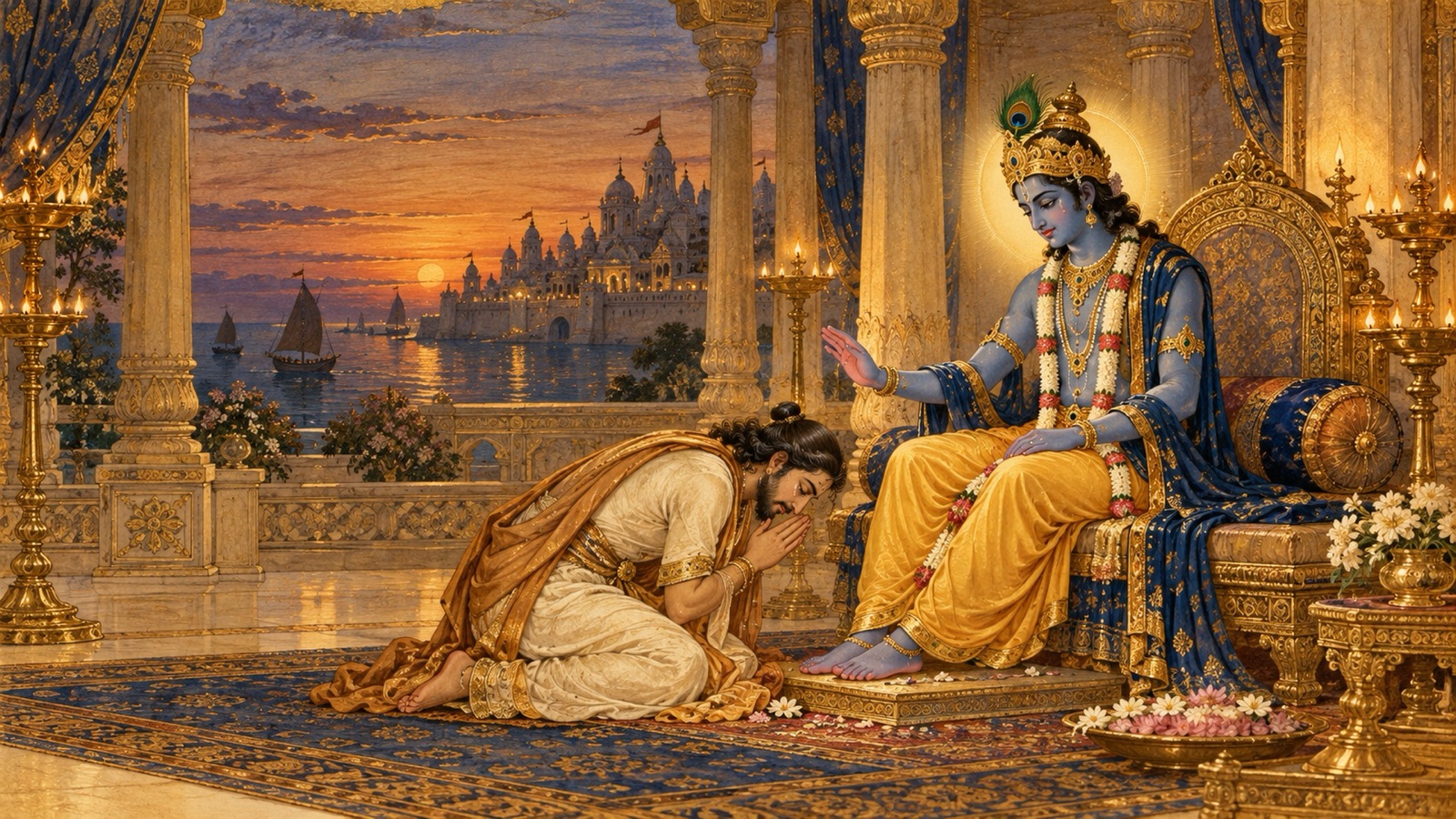 Uddhava bowing with tears at the feet of Lord Sri Krishna, receiving His final blessing before departing for Badarikashrama