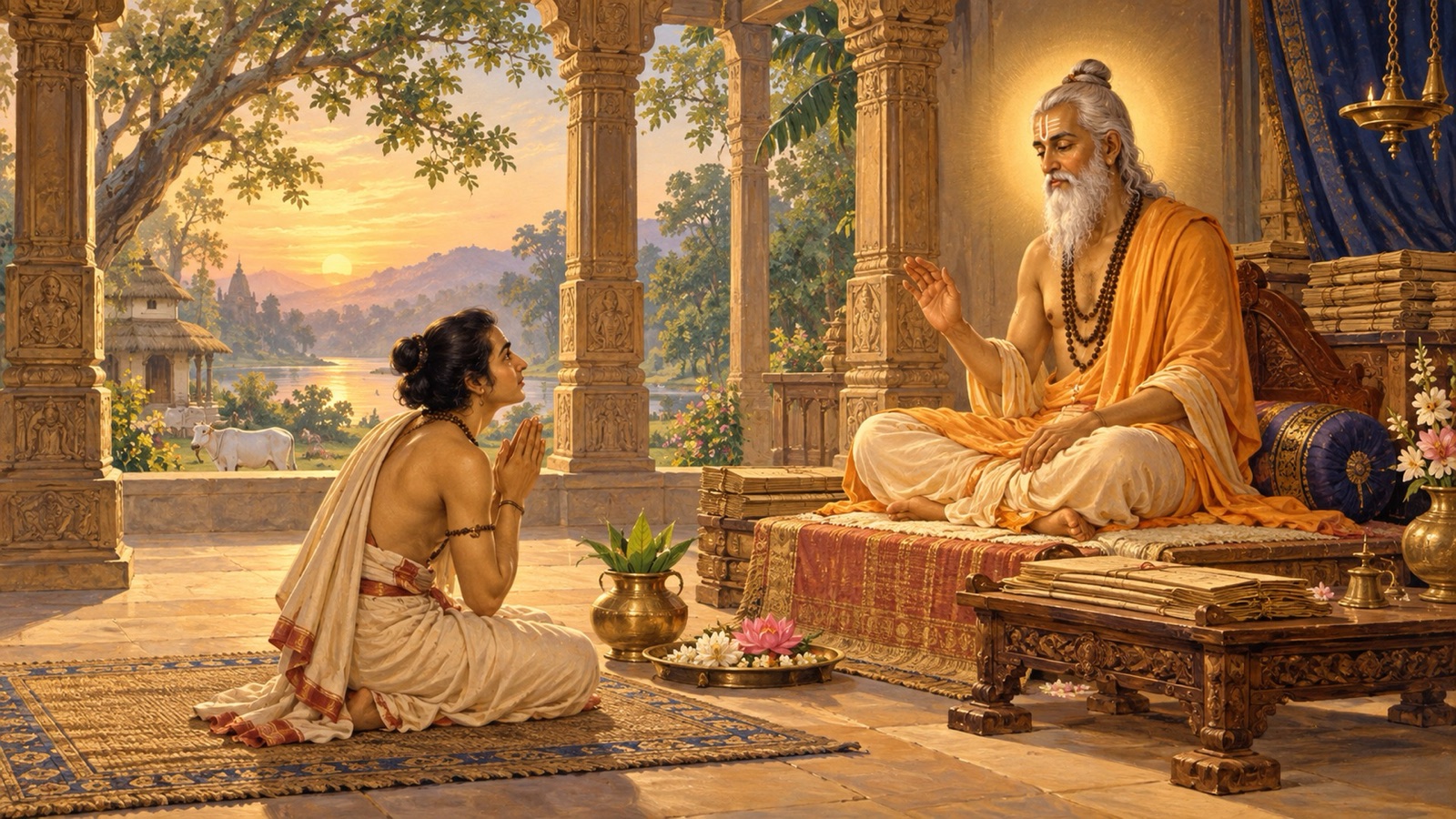 A sincere seeker approaching a serene, scripture-wise spiritual teacher with folded hands