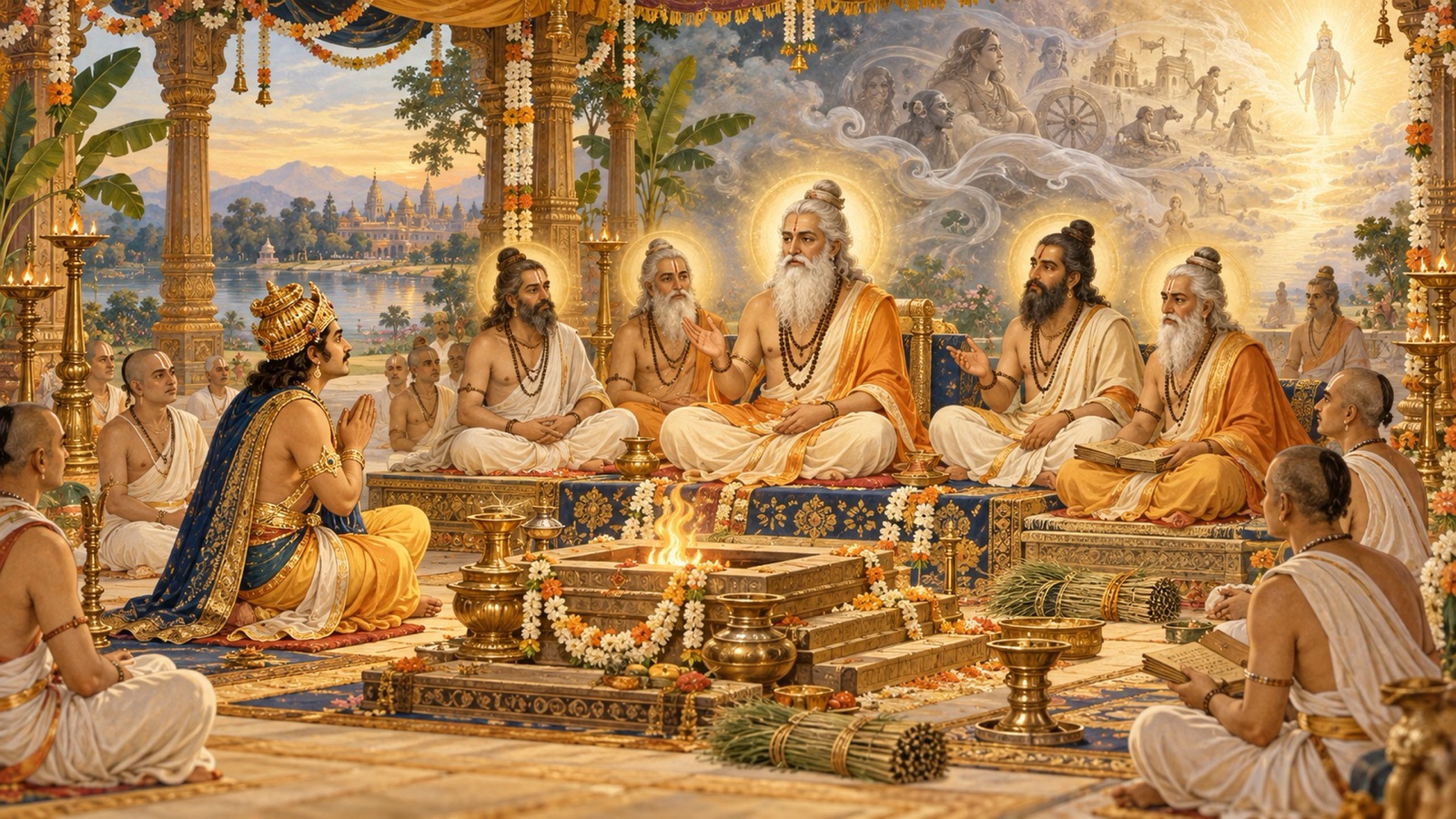 The sages instructing King Nimi on the deluding energy Maya and the sure path beyond birth and death