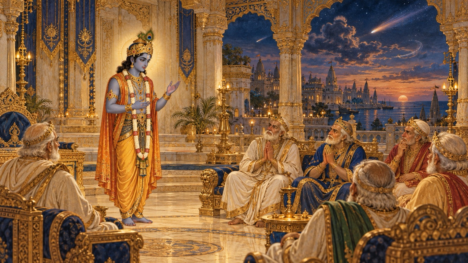 Sri Krishna warning the assembled Yadu elders of grave portents in the Sudharma assembly hall at Dwaraka