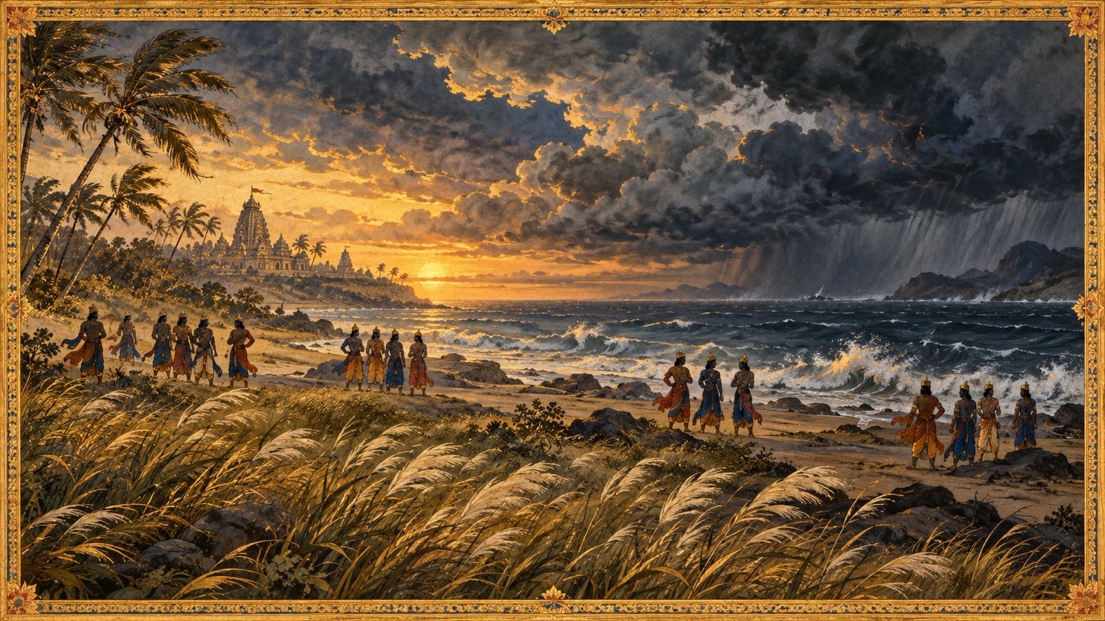A stormy twilight at Prabhasa with Yadu figures turned away amid wind-blown grass, evoking the fated quarrel