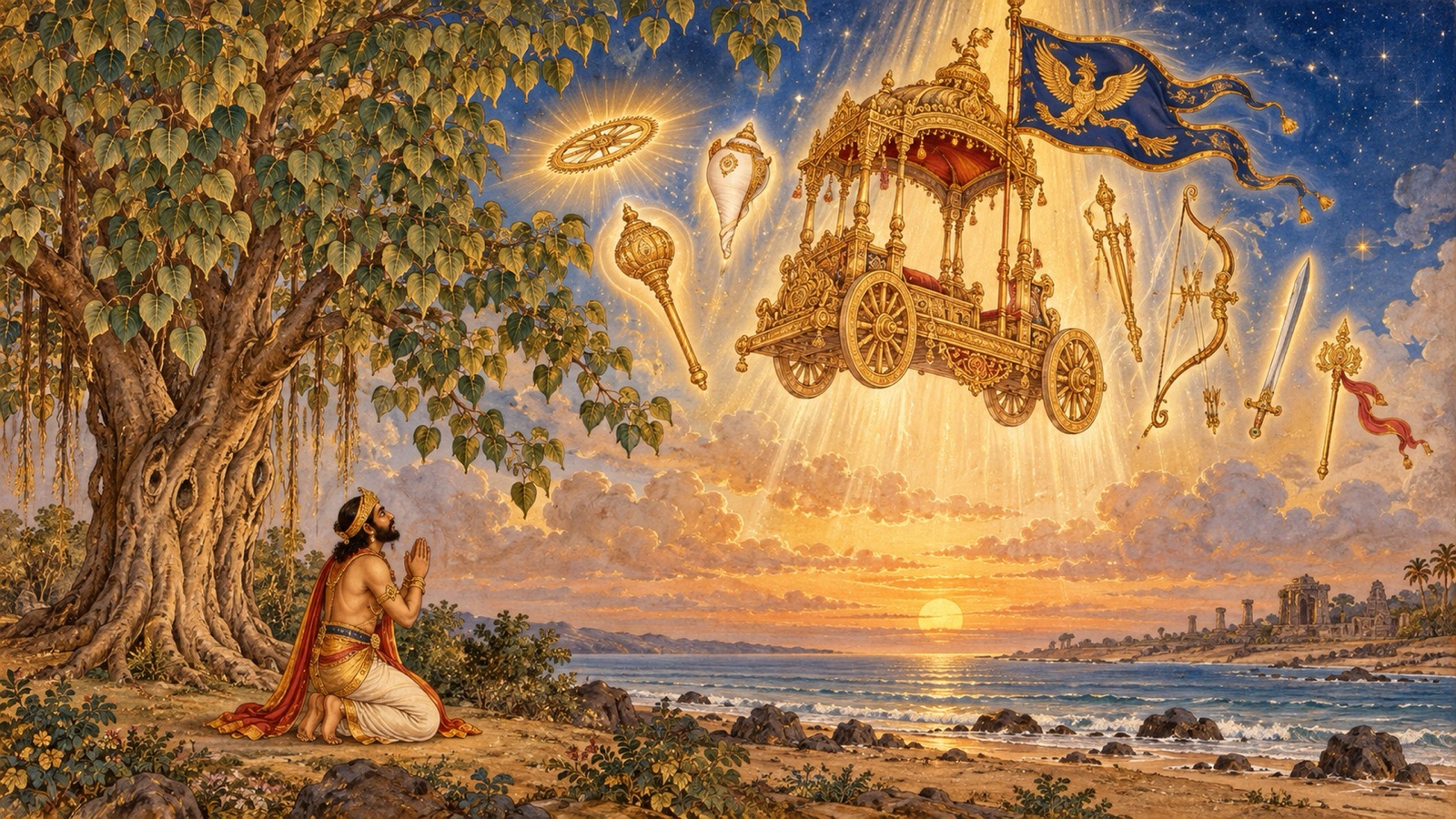 The charioteer Daruka bowing in wonder as the Lord's chariot and weapons rise into the sky