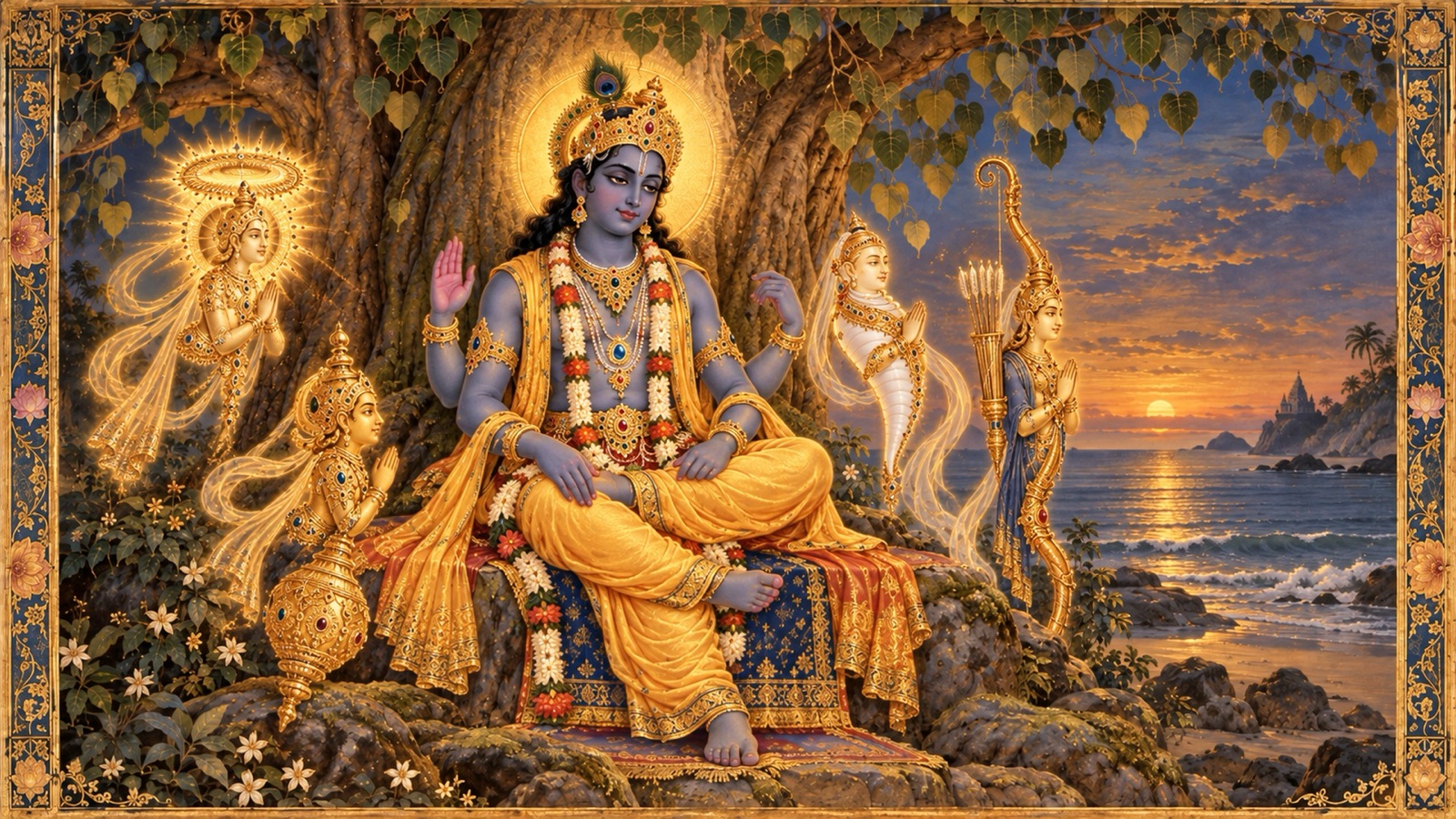 Sri Krishna seated in radiant four-armed form beneath a pippala tree at Prabhasa