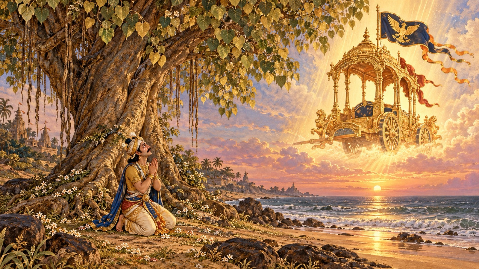 Daruka the charioteer kneeling in grief at the base of a peepul tree where the Lord sat