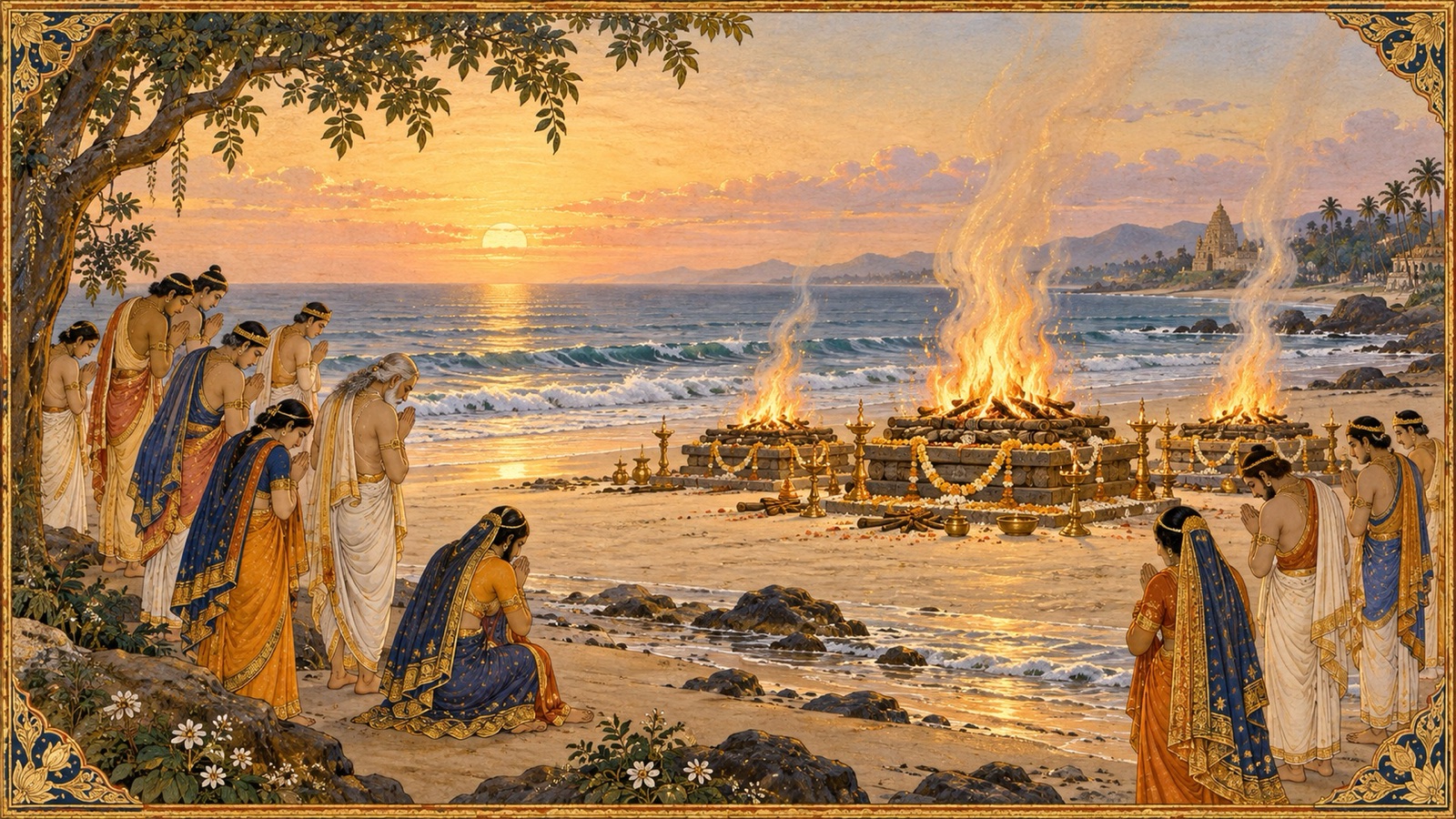Sacred funeral fires burning on the shore at dawn with mourners bowing in reverence, no bodies shown