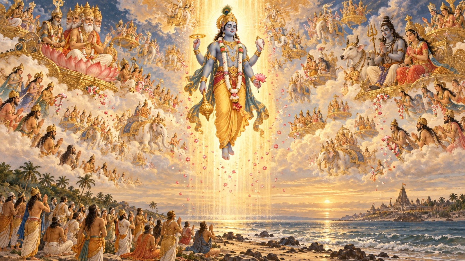 Brahma, Shiva and the gods witnessing Lord Sri Krishna's luminous ascent into His own eternal abode