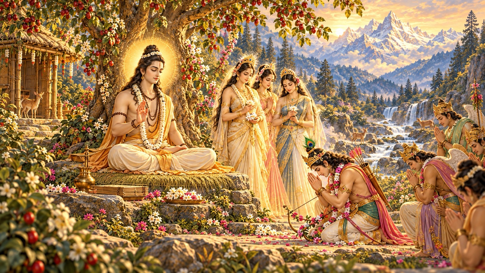 The serene sage Narayana at Badarikashrama, unmoved as He humbles Kamadeva and the celestials