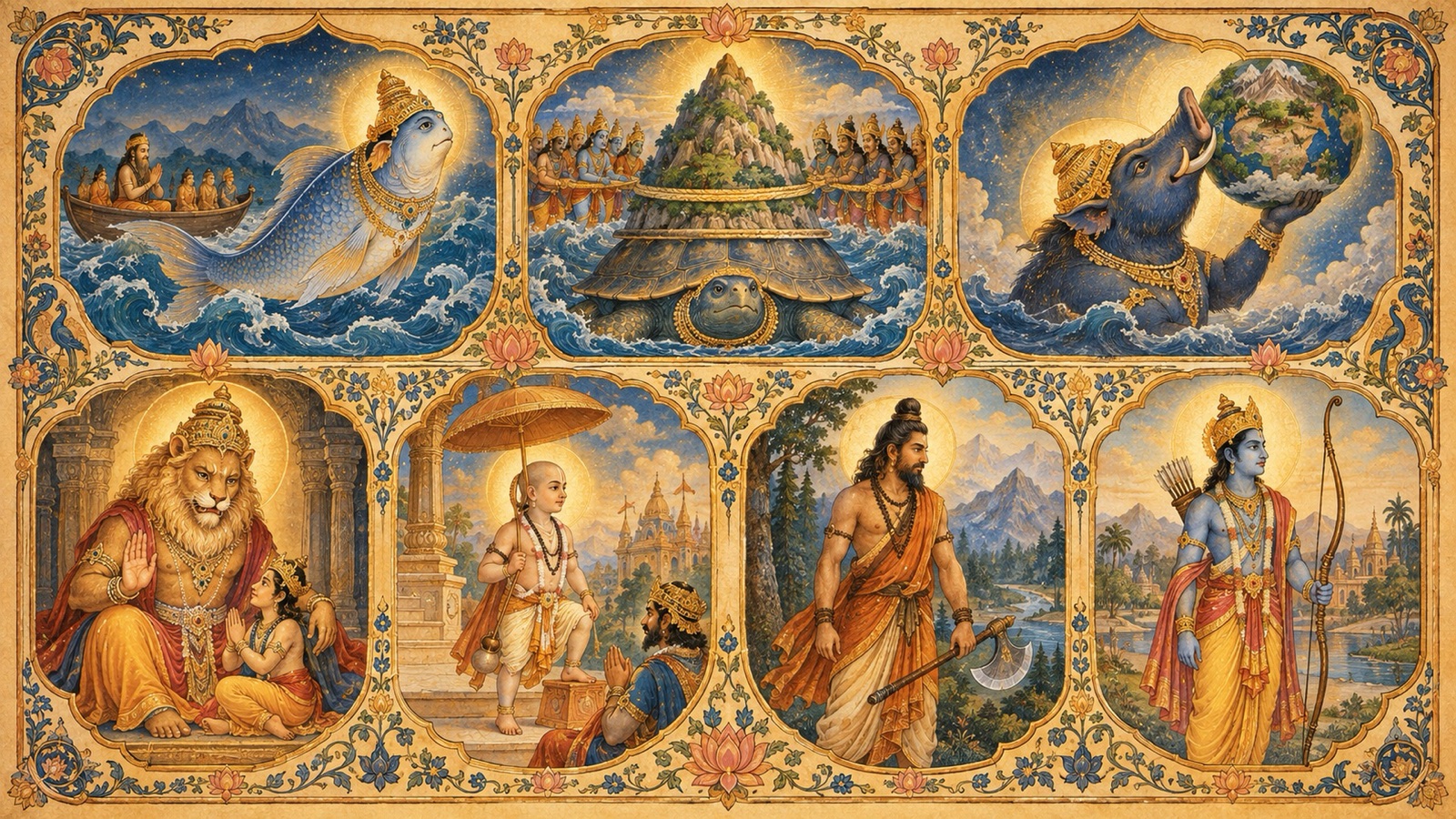A reverent panorama of the Lord's descents including the Fish, Tortoise, Boar, Man-Lion and Rama