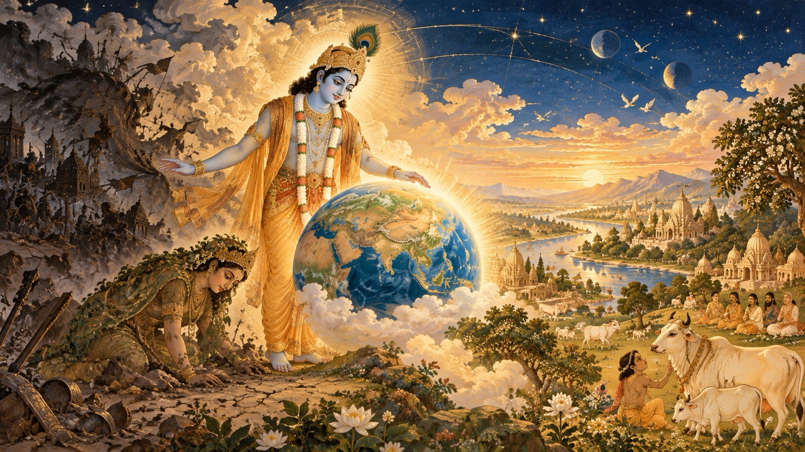 The Lord's promised descent in the race of Yadu to lift the burden of the earth and guard righteousness