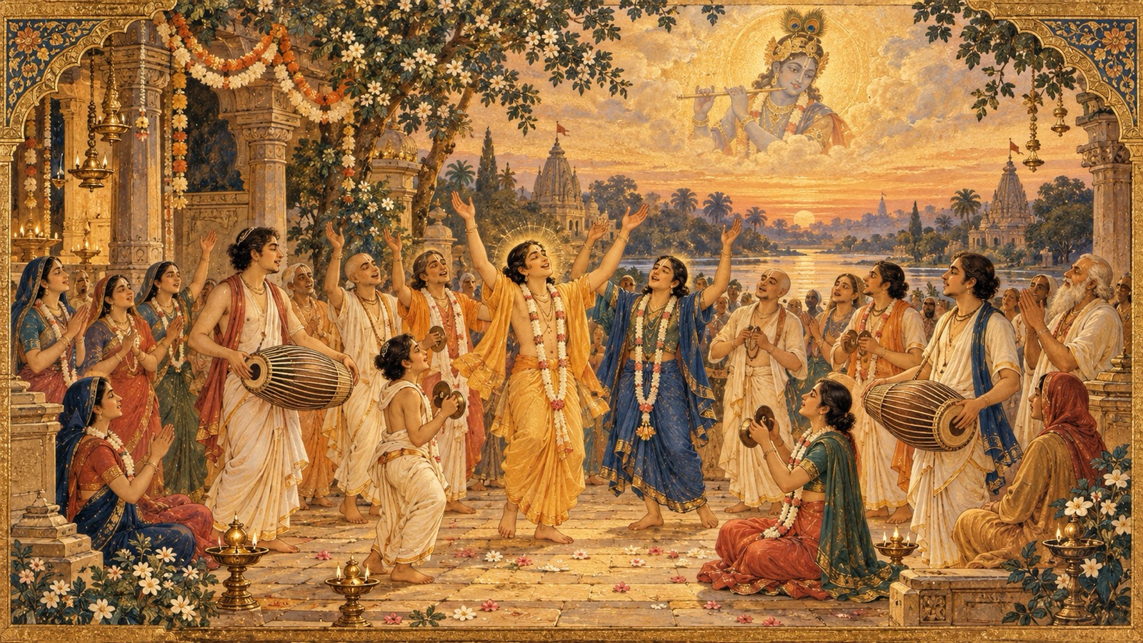 Devotees joyfully chanting the Lord's holy names together in congregational sankirtana