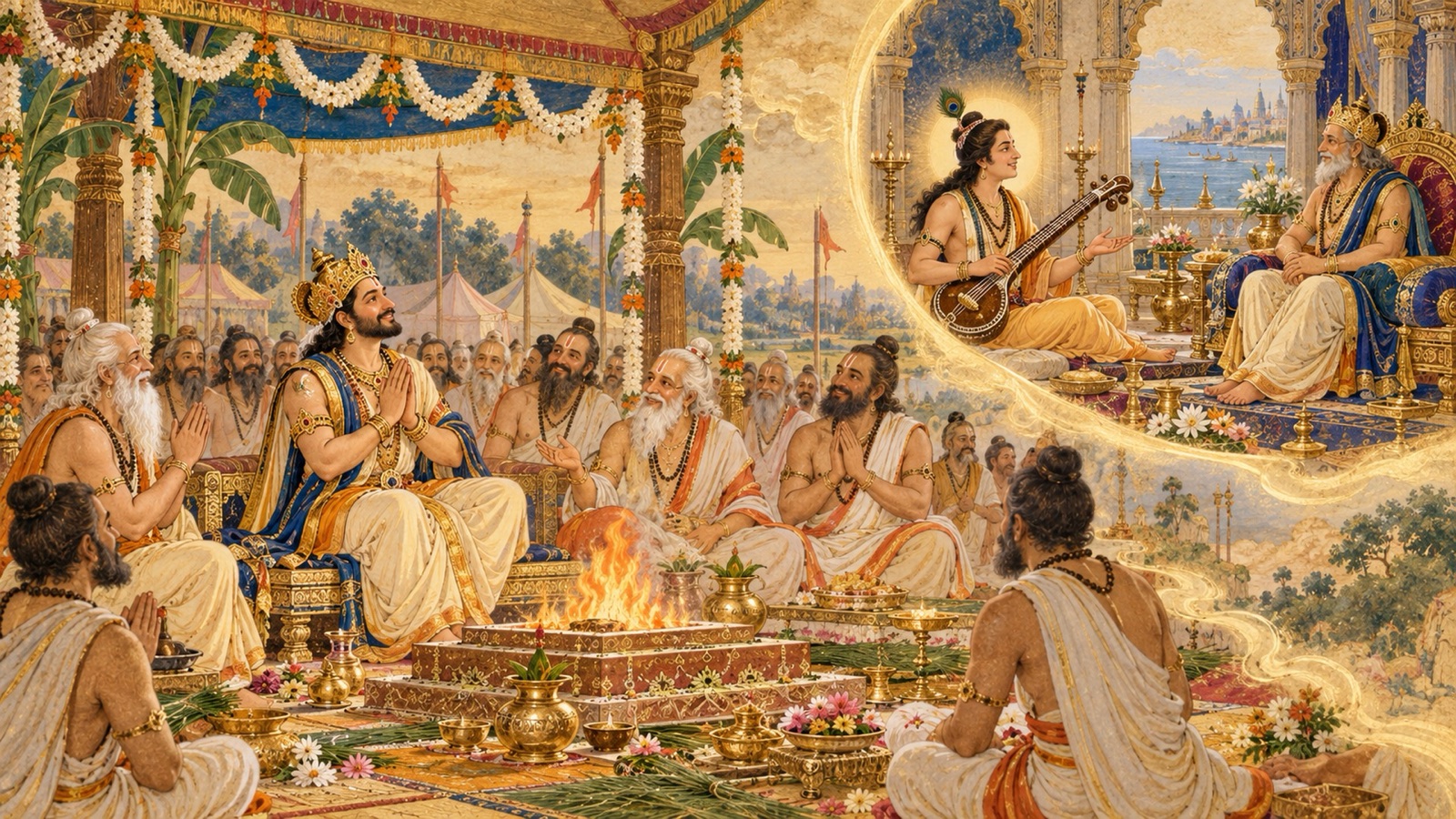 King Nimi and his priests rejoicing as Narada concludes his remembrance to Vasudeva