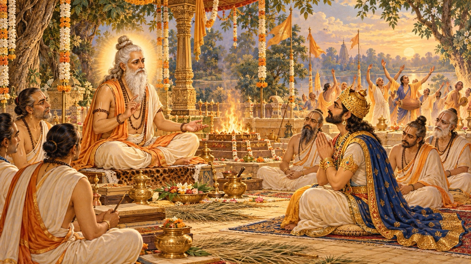 The sage Karabhajana revealing to King Nimi how the Lord is worshipped across the four ages of the world